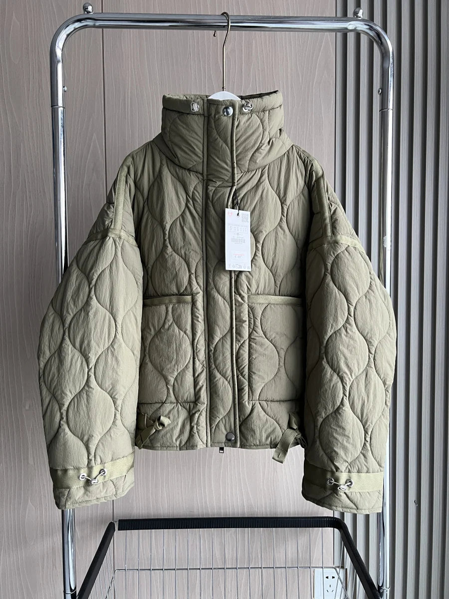 Quilted Jacket Drawstring High Neck Cotton Coat