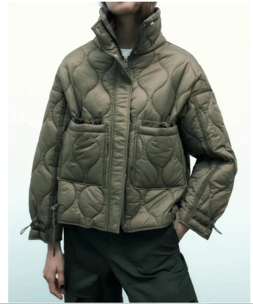 Quilted Jacket Drawstring High Neck Cotton Coat