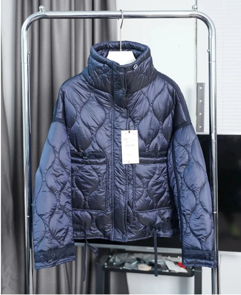 Quilted Jacket Drawstring High Neck Cotton Coat