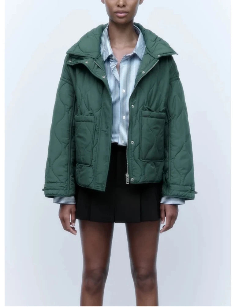 Quilted Jacket Drawstring High Neck Cotton Coat