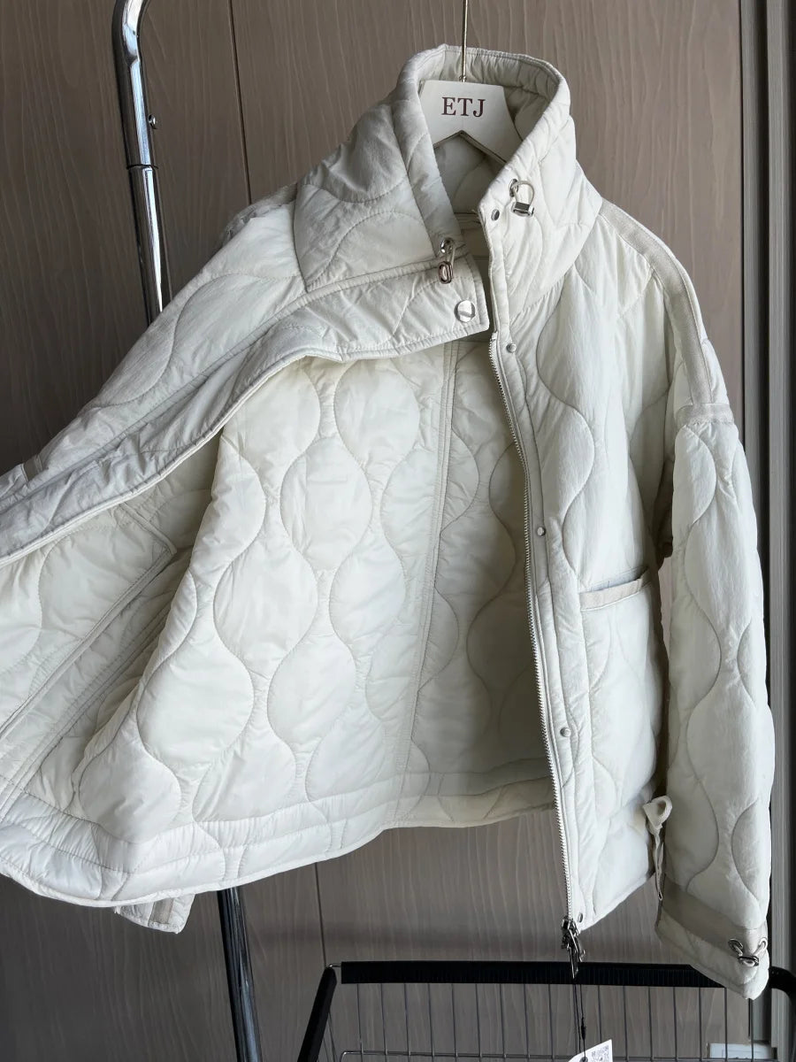 Quilted Jacket Drawstring High Neck Cotton Coat