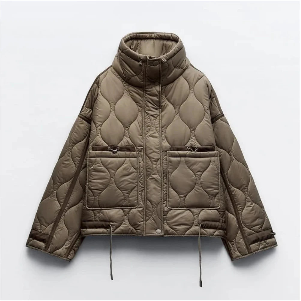 Quilted Jacket Drawstring High Neck Cotton Coat