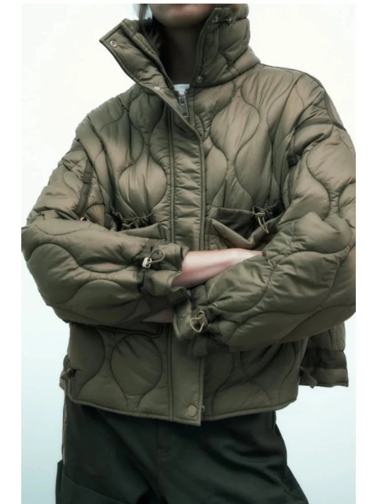 Quilted Jacket Drawstring High Neck Cotton Coat