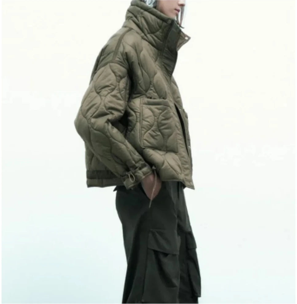 Quilted Jacket Drawstring High Neck Cotton Coat