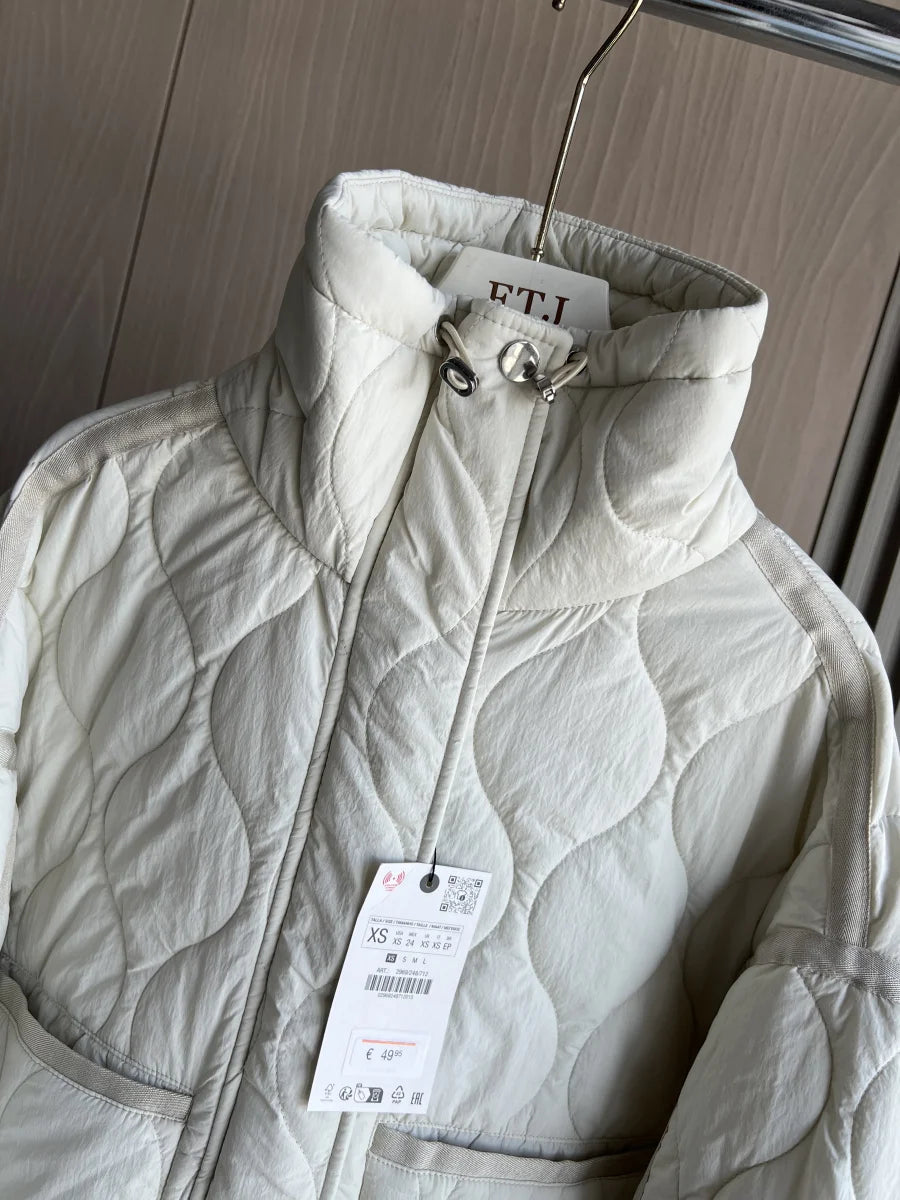 Quilted Jacket Drawstring High Neck Cotton Coat