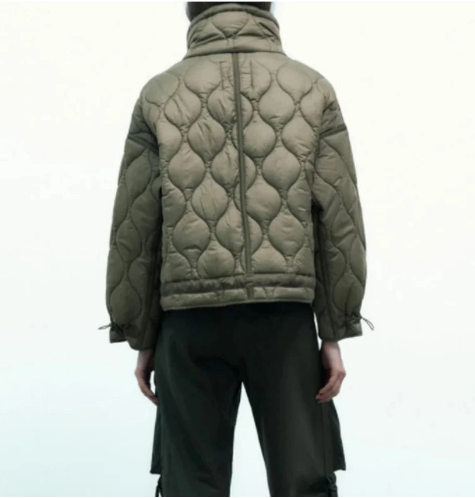 Quilted Jacket Drawstring High Neck Cotton Coat
