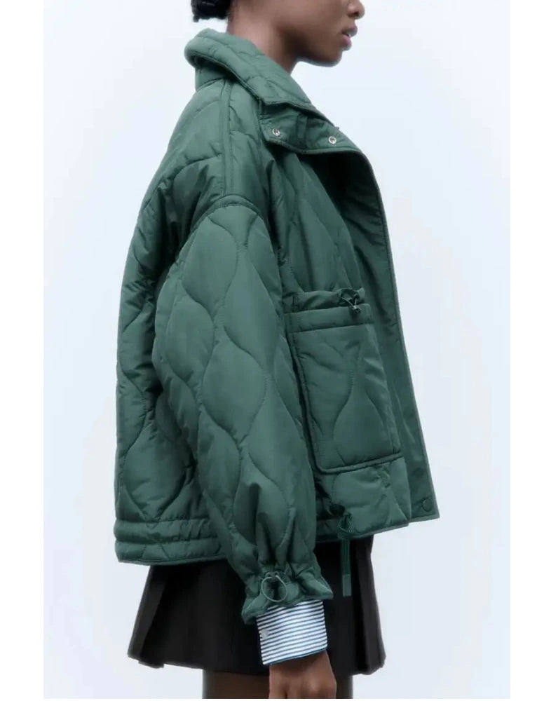 Quilted Jacket Drawstring High Neck Cotton Coat