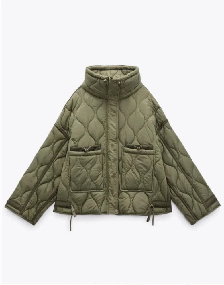 Quilted Jacket Drawstring High Neck Cotton Coat