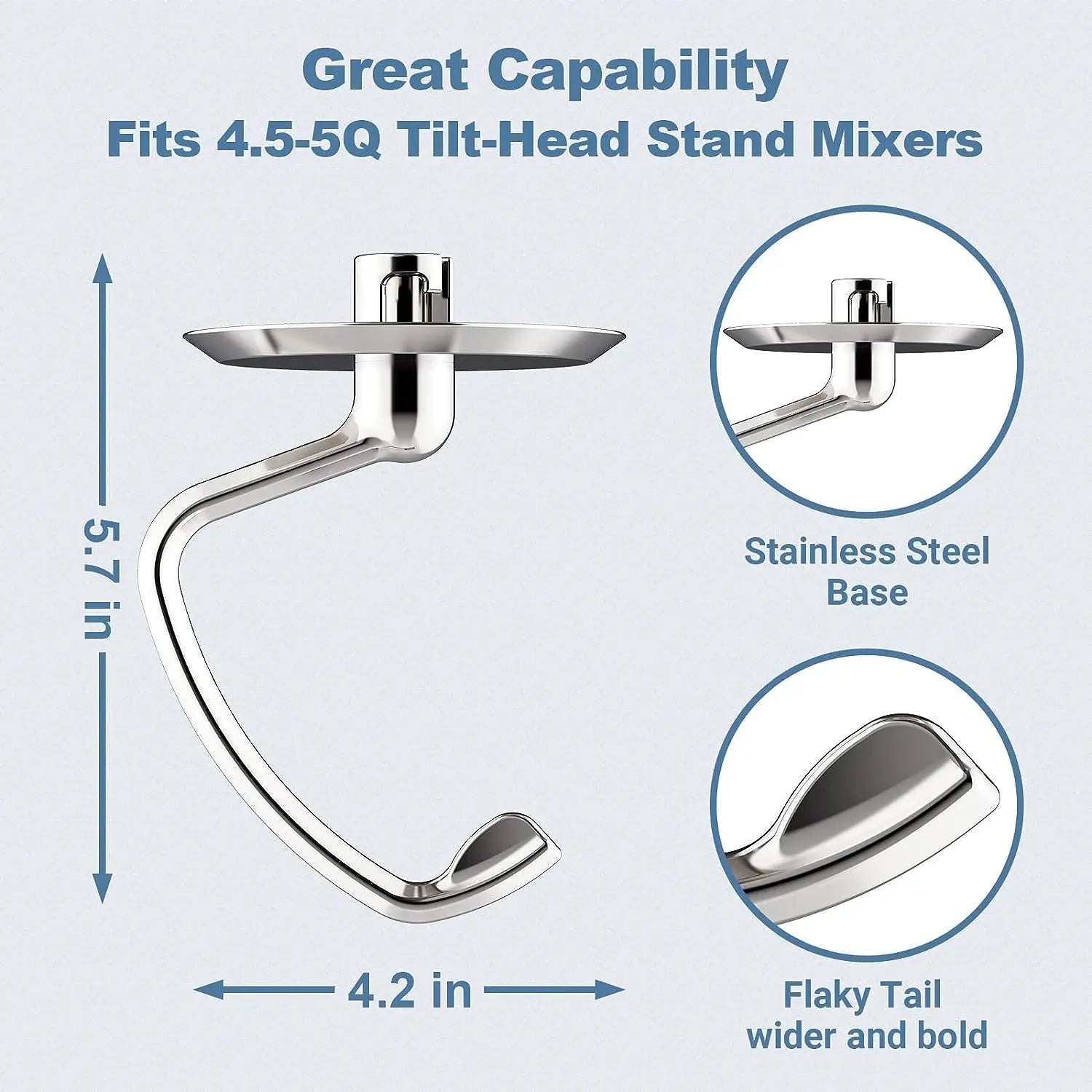 Polished Stainless Steel Dough Hook for KitchenAid Mixer