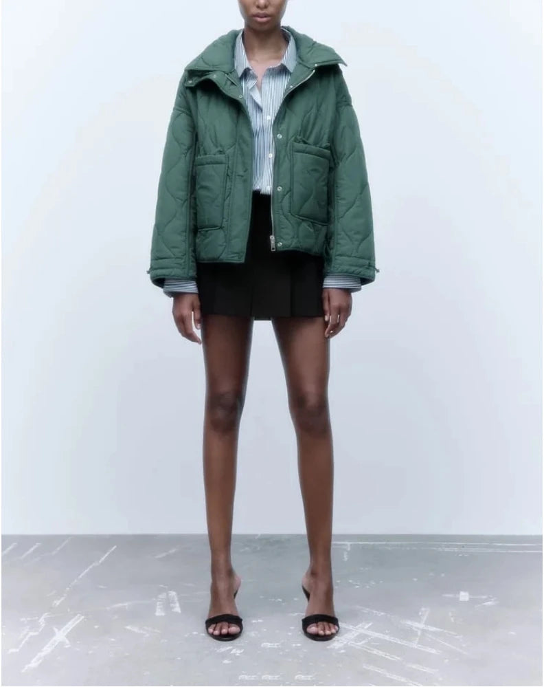 Quilted Jacket Drawstring High Neck Cotton Coat