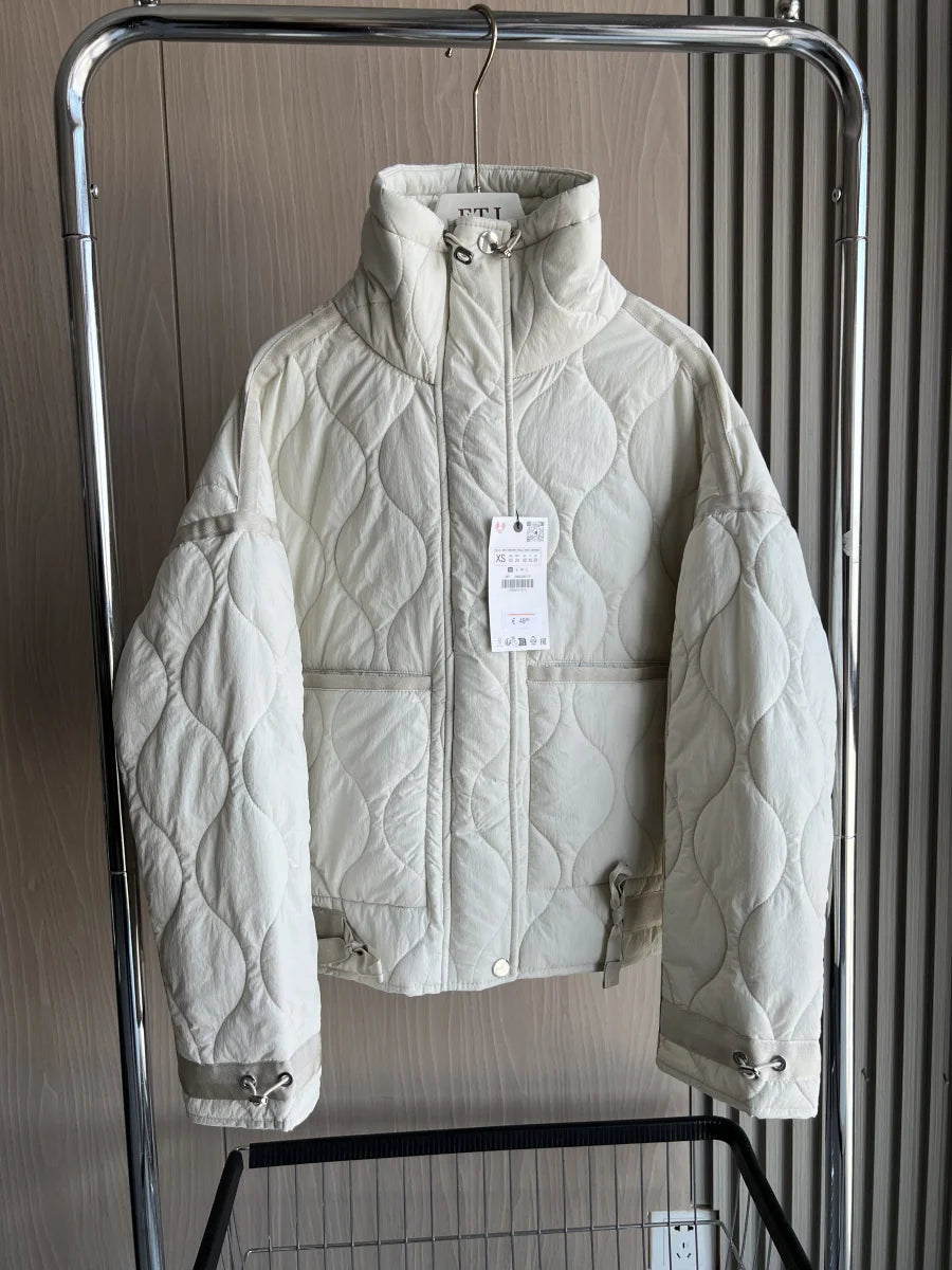 Quilted Jacket Drawstring High Neck Cotton Coat