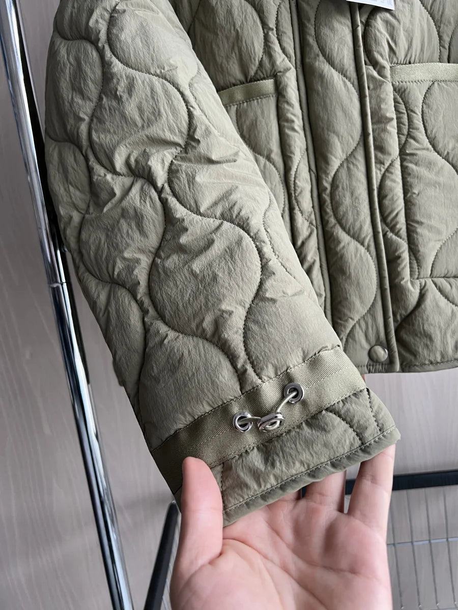 Quilted Jacket Drawstring High Neck Cotton Coat