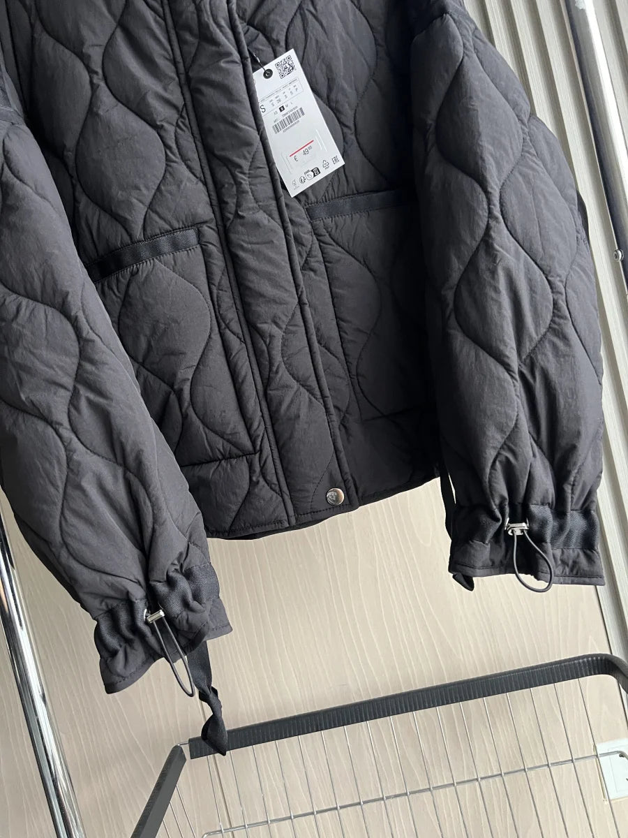 Quilted Jacket Drawstring High Neck Cotton Coat