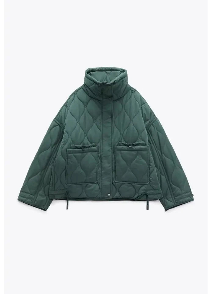 Quilted Jacket Drawstring High Neck Cotton Coat