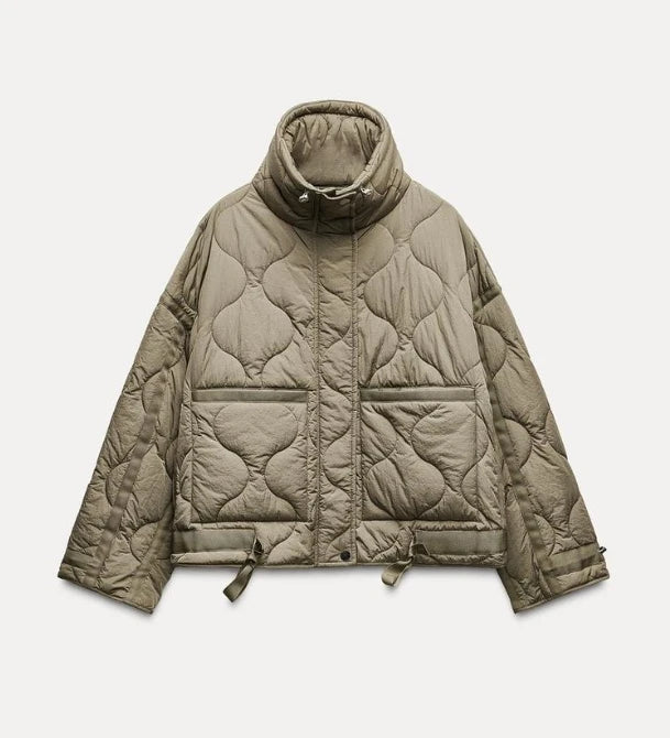 Quilted Jacket Drawstring High Neck Cotton Coat