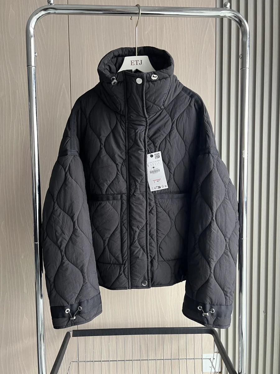 Quilted Jacket Drawstring High Neck Cotton Coat