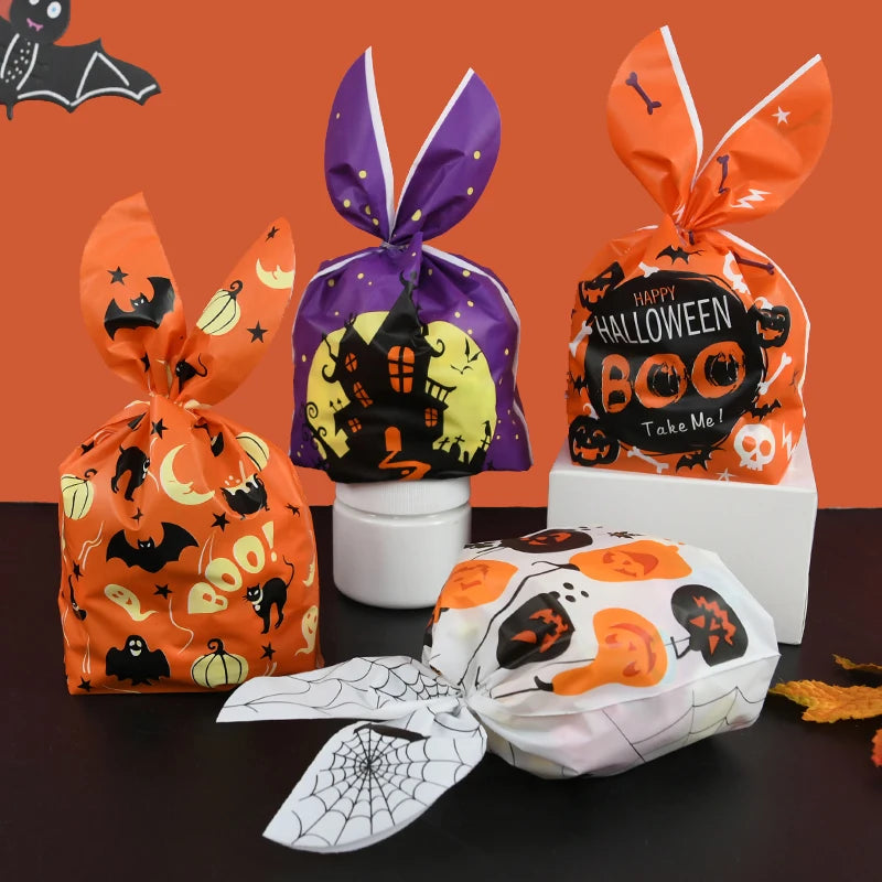 25/50pcs Halloween Cookies Candy Bags Trick Or Treat Ghost Pumpkin Rabbit Ear Snack Gifts Packing Bags For Halloween Party Decor