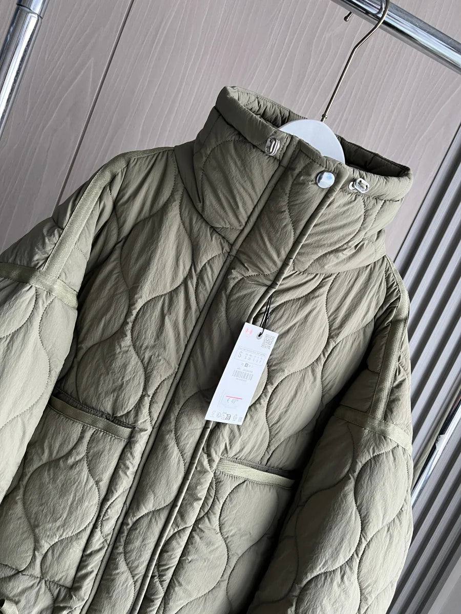 Quilted Jacket Drawstring High Neck Cotton Coat