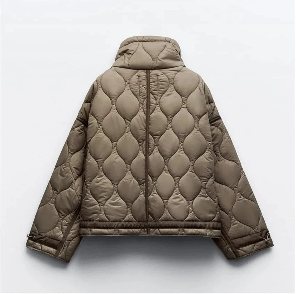 Quilted Jacket Drawstring High Neck Cotton Coat
