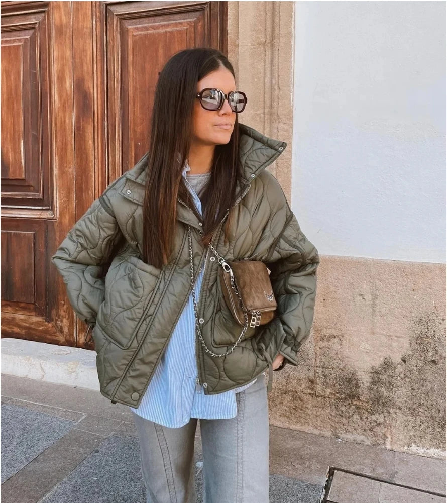Quilted Jacket Drawstring High Neck Cotton Coat