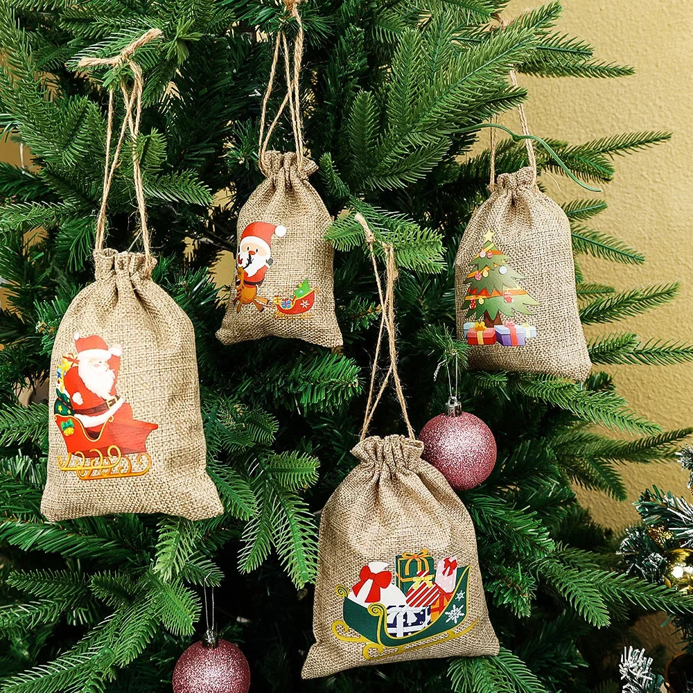 Christmas Linen Drawstring Bags