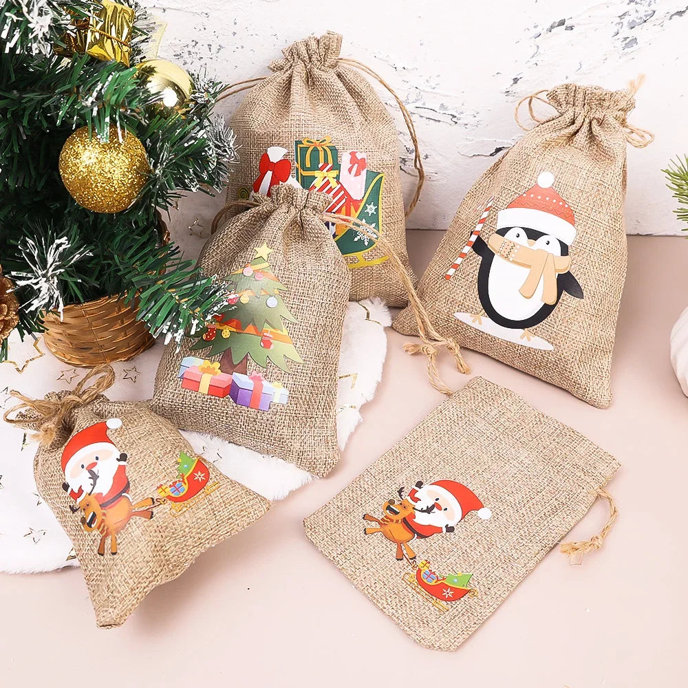 Christmas Linen Drawstring Bags