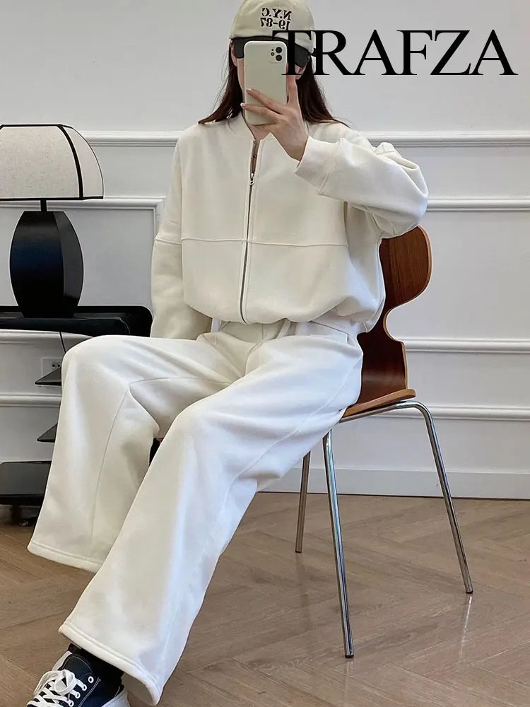 Women's 2-Piece Retro Solid Color Zipper Bomber Jacket