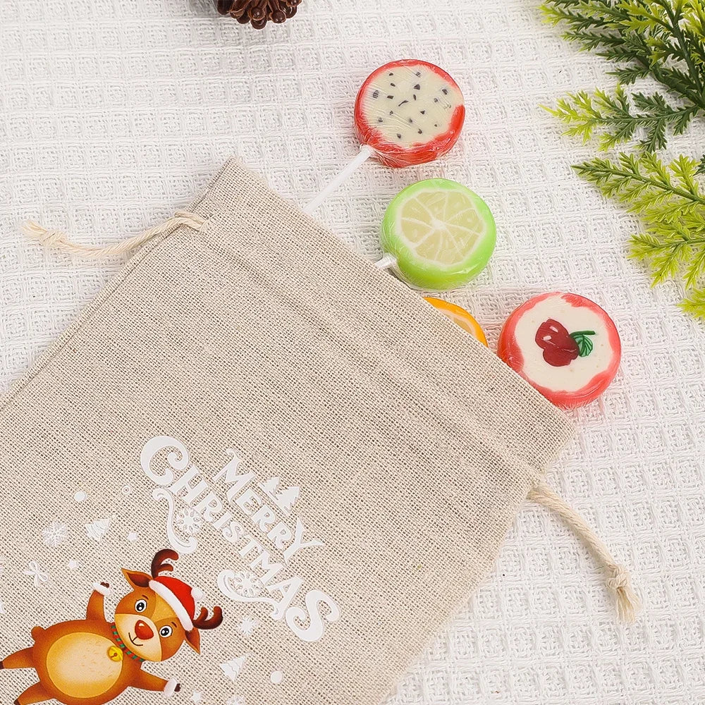 Christmas Linen Drawstring Bags