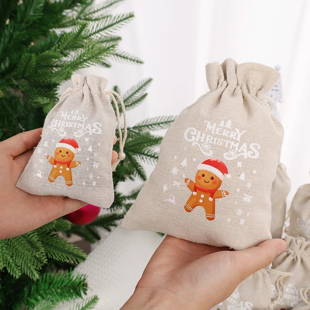 Christmas Linen Drawstring Bags