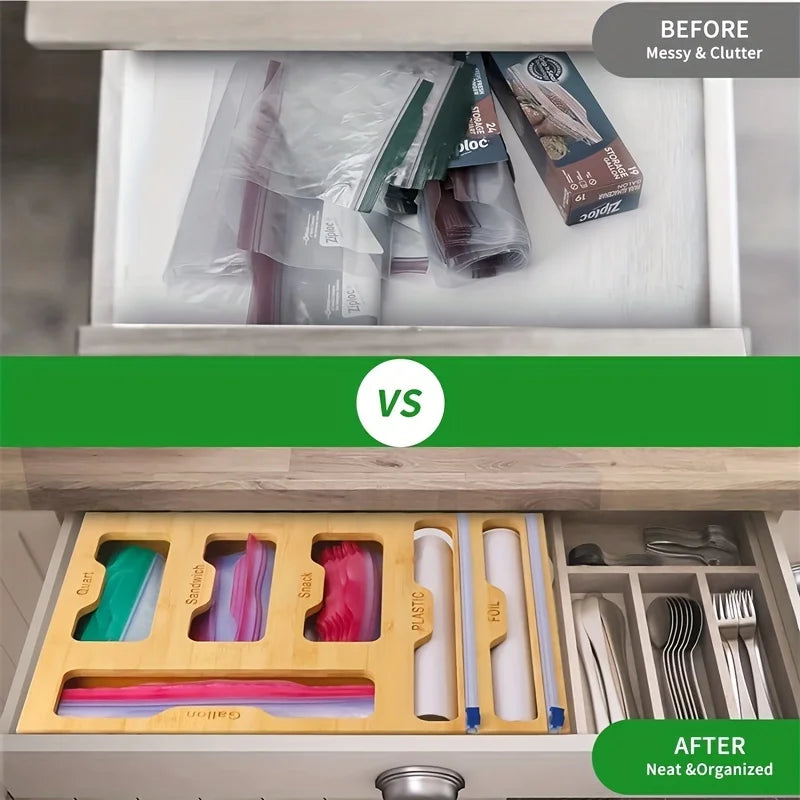 Plastic Wrap Dispenser with Cutter & Bamboo Ziplock Bag Organizer