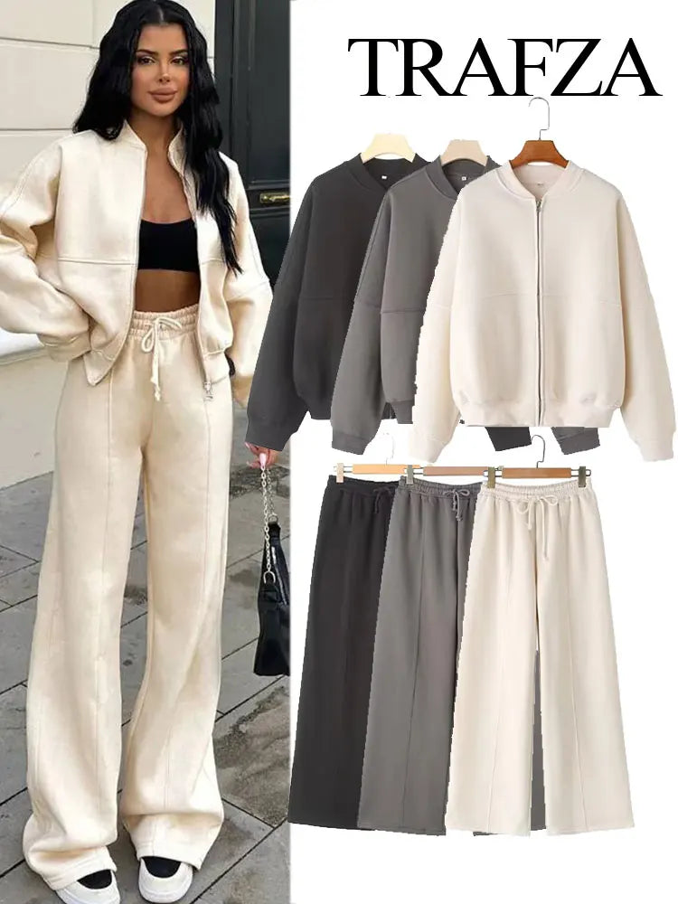 Women's 2-Piece Retro Solid Color Zipper Bomber Jacket