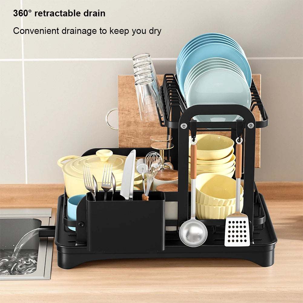 360° Rotating Storage Double-Layer Kitchen Drying Rack with Drain