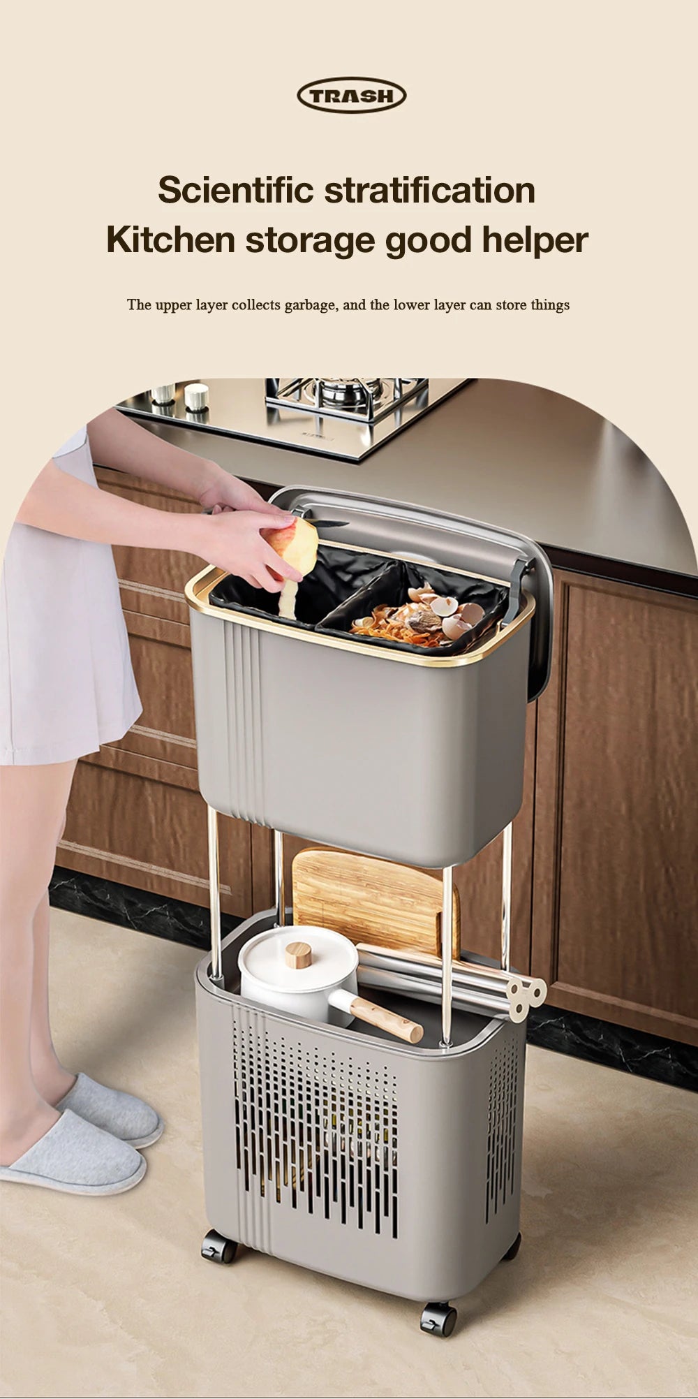 Movable Double-Layer Kitchen Trash Can with Lid