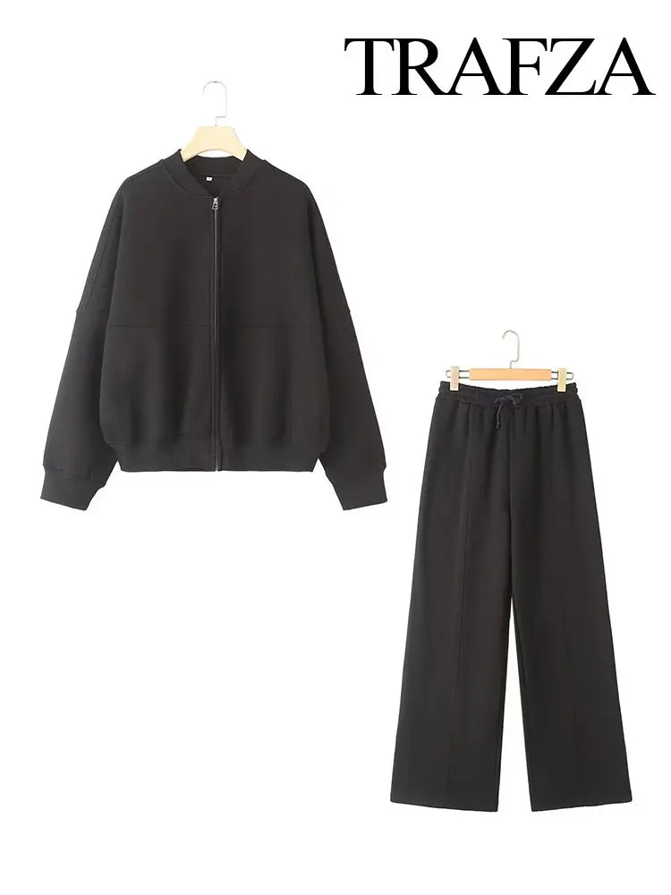Women's 2-Piece Retro Solid Color Zipper Bomber Jacket