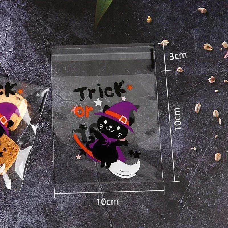 50/100 Pcs 10x10cm Halloween Plastic Candy Cookies Gift Bag Self Adhesive Snack Wrap Bag Halloween Party Decorations Kids Gifts