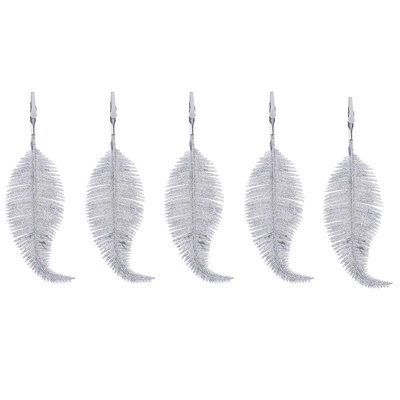 5pcs Glitter Feather Artificial Leaves Clip Xmas Tree Ornament Christmas Party Home Decoration Navidad New Year Wedding Flowers