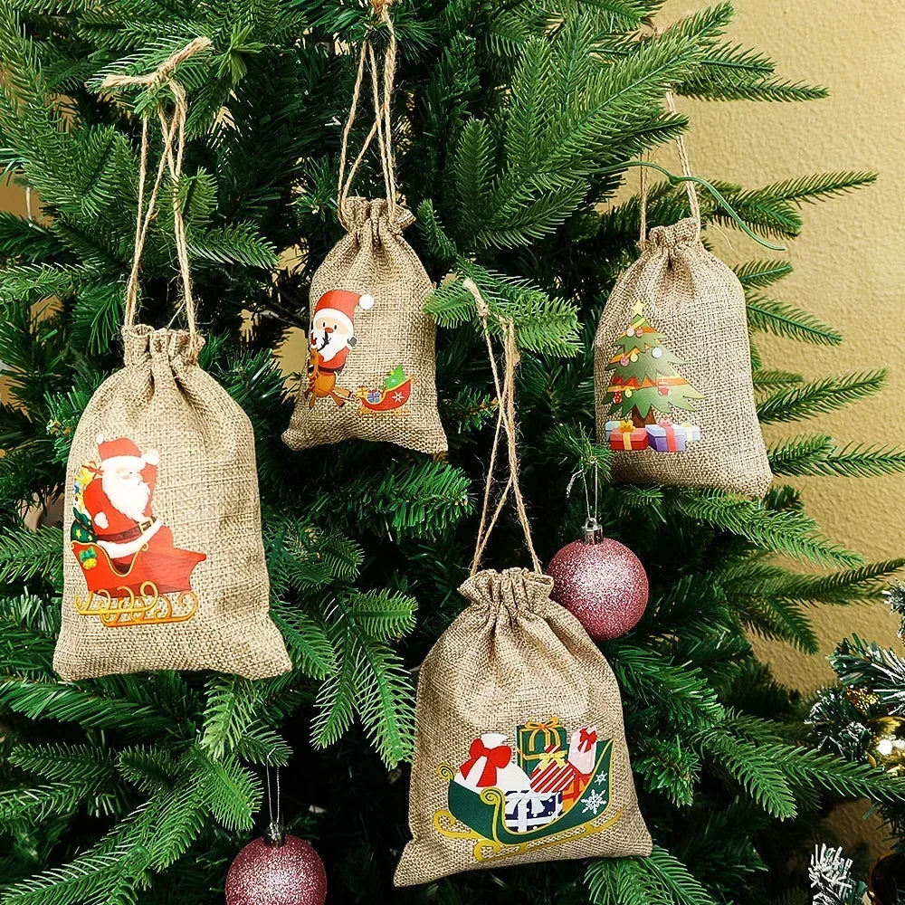 Christmas Linen Drawstring Bags