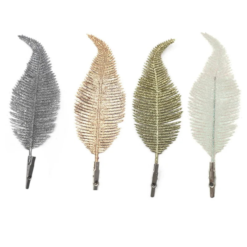 5pcs Glitter Feather Artificial Leaves Clip Xmas Tree Ornament Christmas Party Home Decoration Navidad New Year Wedding Flowers