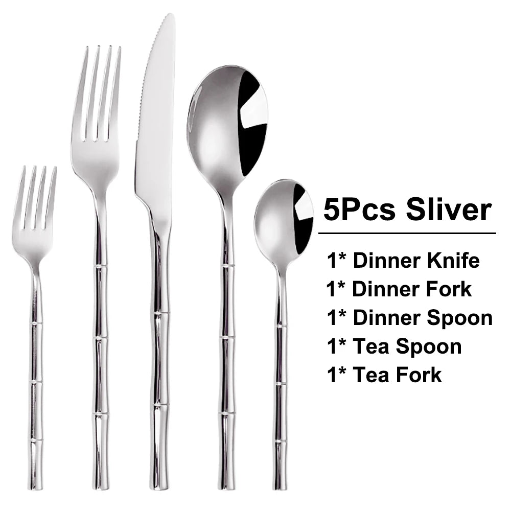 Stainless Steel Bamboo Style Cutlery Silver Dinner Set