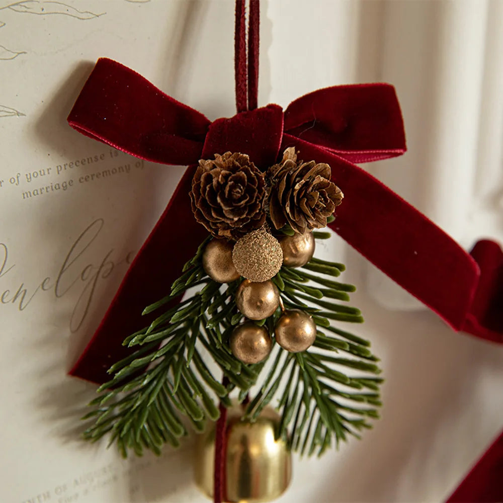 Red Velvet Bow, Pinecone & Bell Hanging Ornament for Door