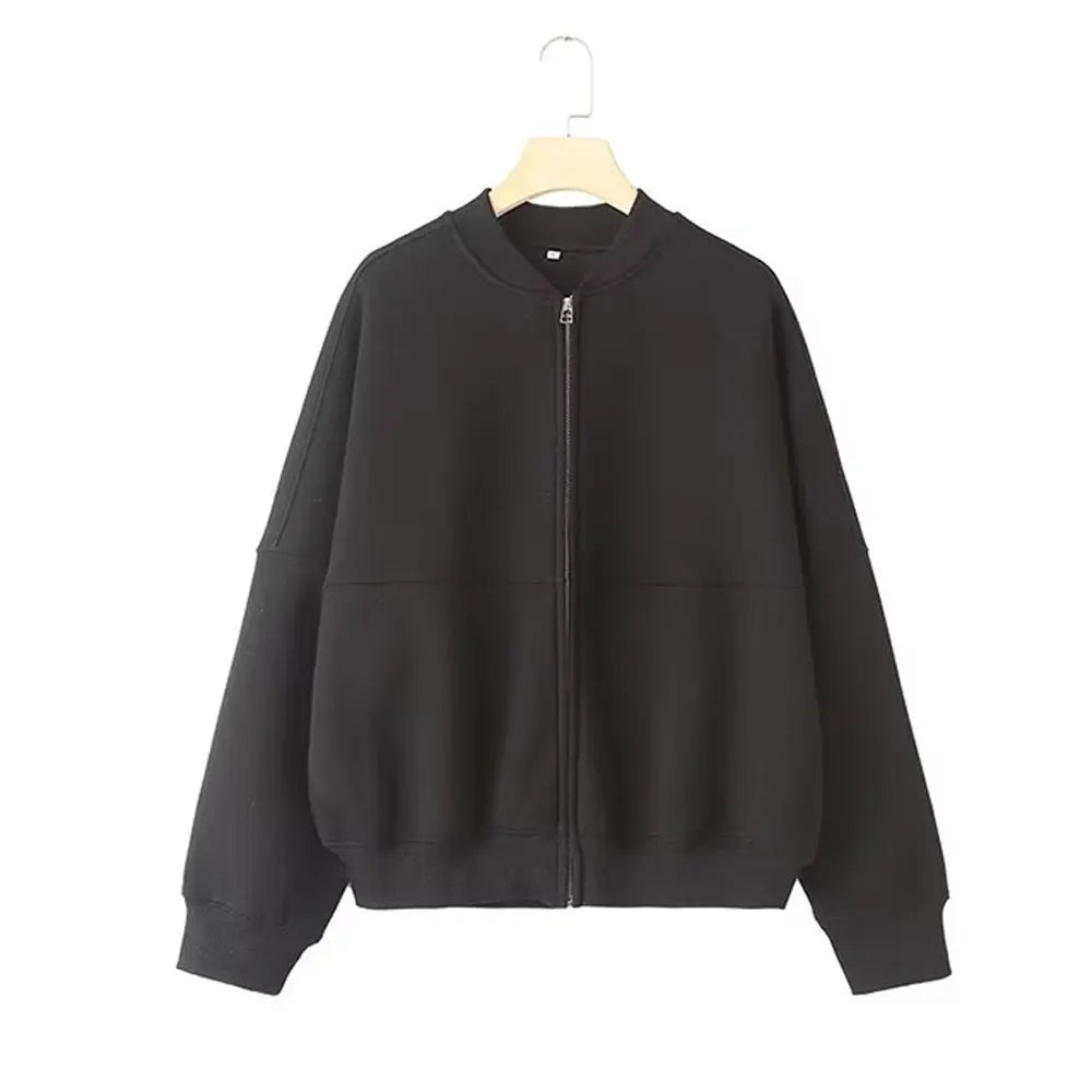Women's 2-Piece Retro Solid Color Zipper Bomber Jacket