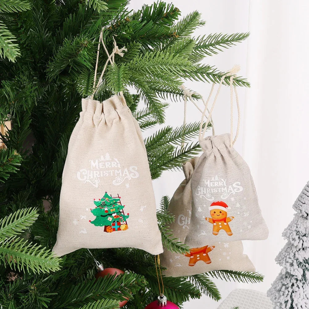 Christmas Linen Drawstring Bags