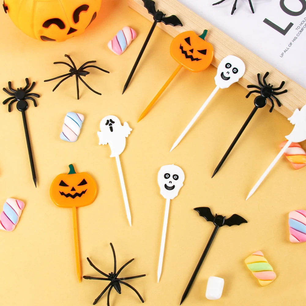 Pumpkin, Ghost, Bat Fruit Fork Dessert Cake Decoration Picks for Halloween Party