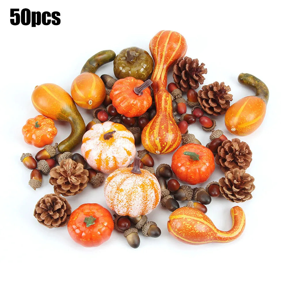 50Pcs Artificial Pumpkin Autumn Winter Fall Wreath Simulate Plastic Fake Fruits Acorns Pine Cones For Home Party DIY Decorations