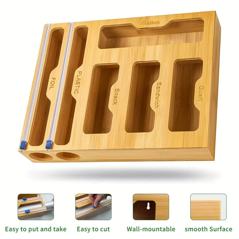 Plastic Wrap Dispenser with Cutter & Bamboo Ziplock Bag Organizer