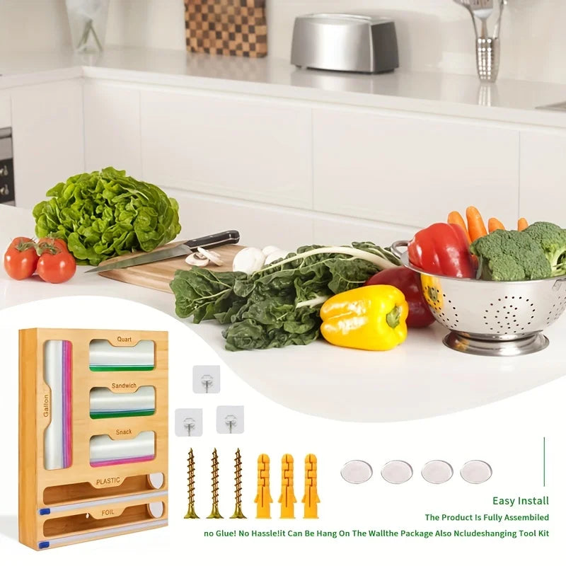 Plastic Wrap Dispenser with Cutter & Bamboo Ziplock Bag Organizer