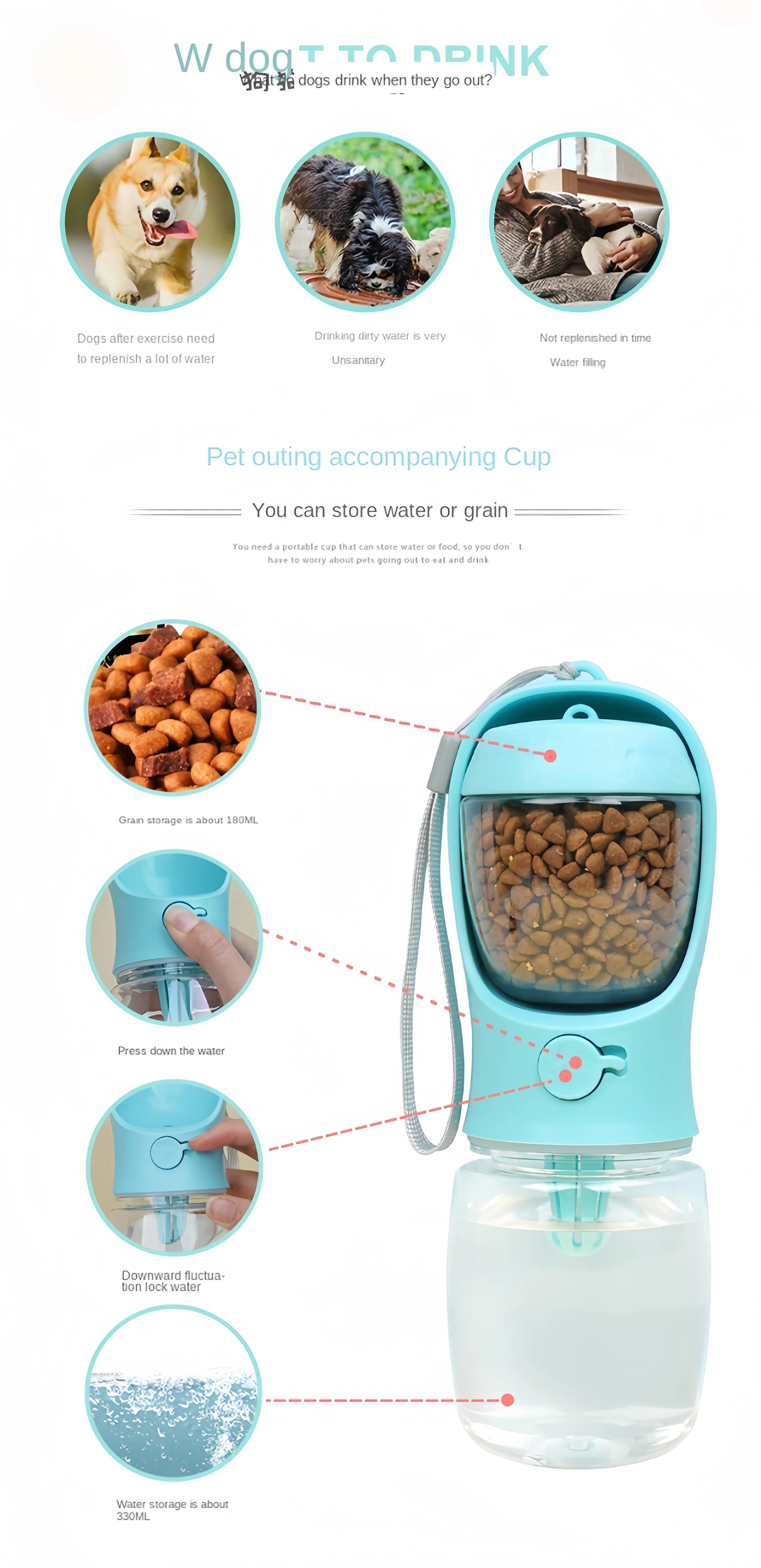 Portable Dog Cat Water Bottle with Storage Food