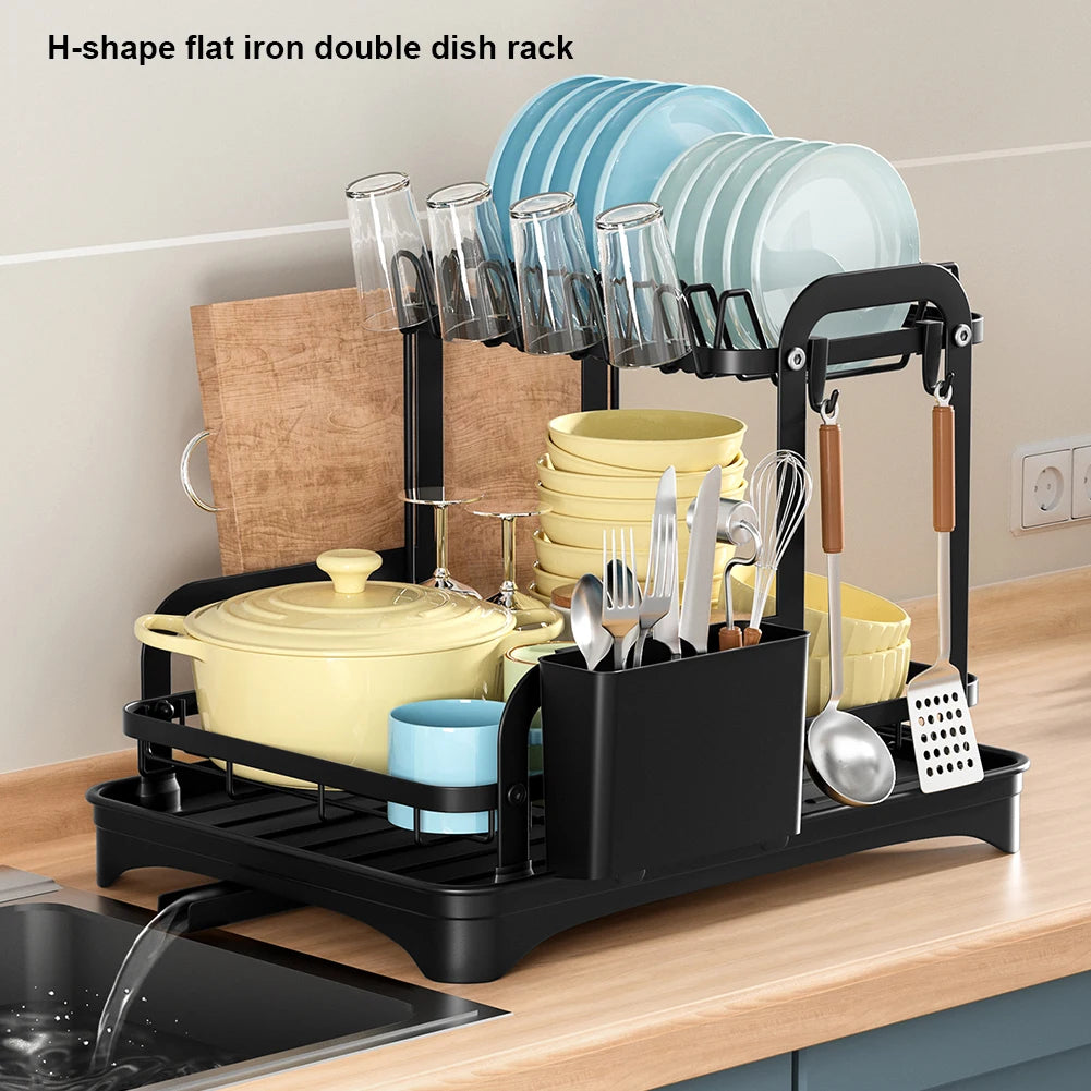 360° Rotating Storage Double-Layer Kitchen Drying Rack with Drain