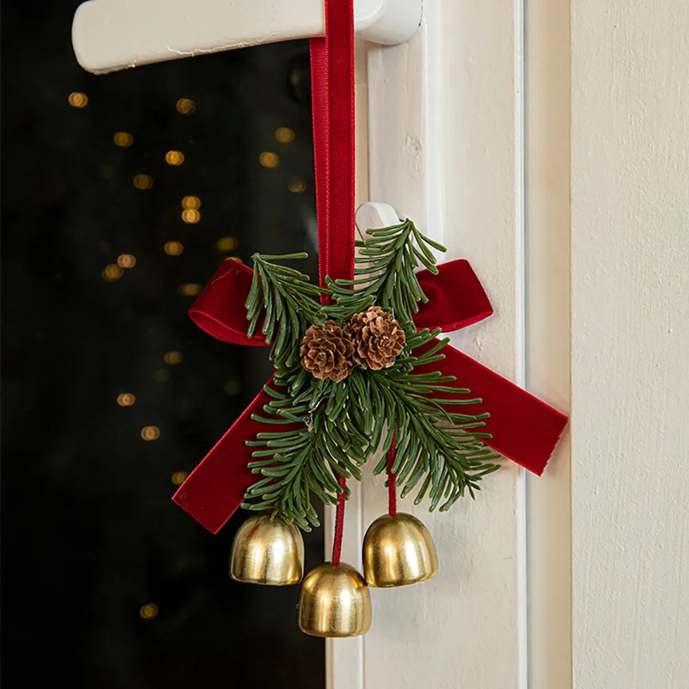 Red Velvet Bow, Pinecone & Bell Hanging Ornament for Door