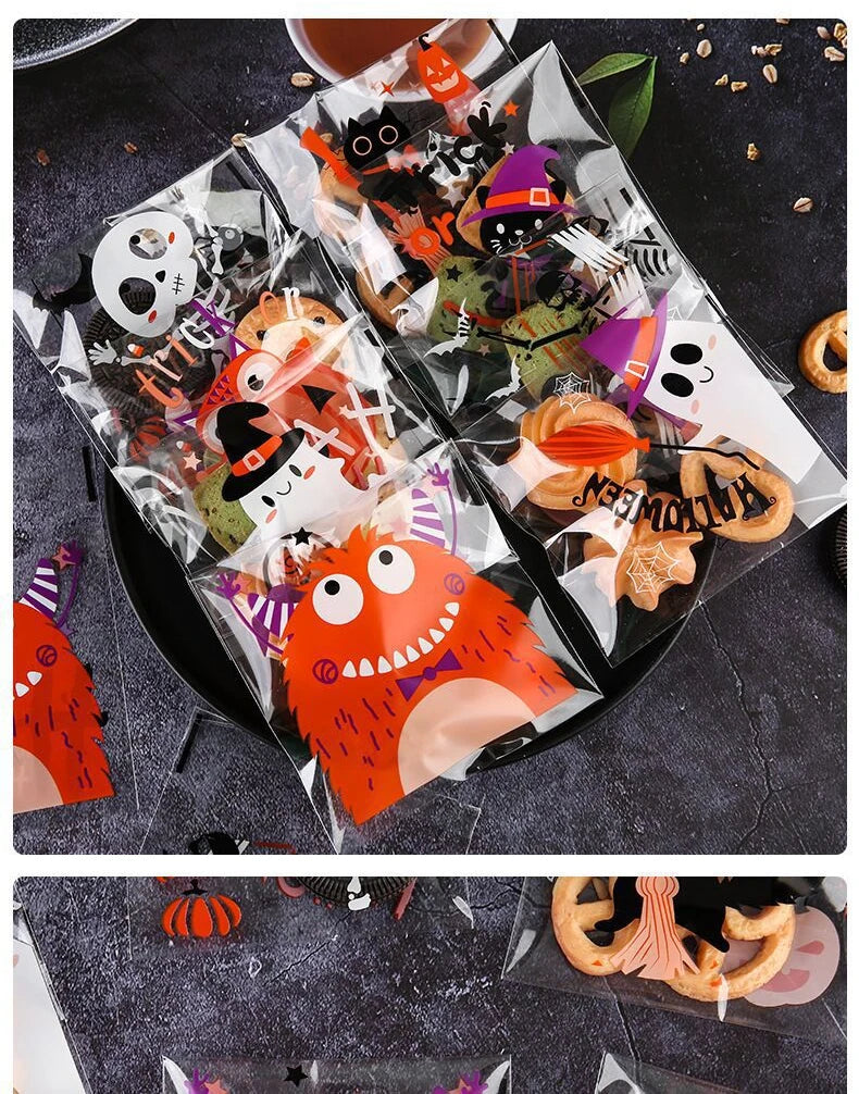 50/100 Pcs 10x10cm Halloween Plastic Candy Cookies Gift Bag Self Adhesive Snack Wrap Bag Halloween Party Decorations Kids Gifts